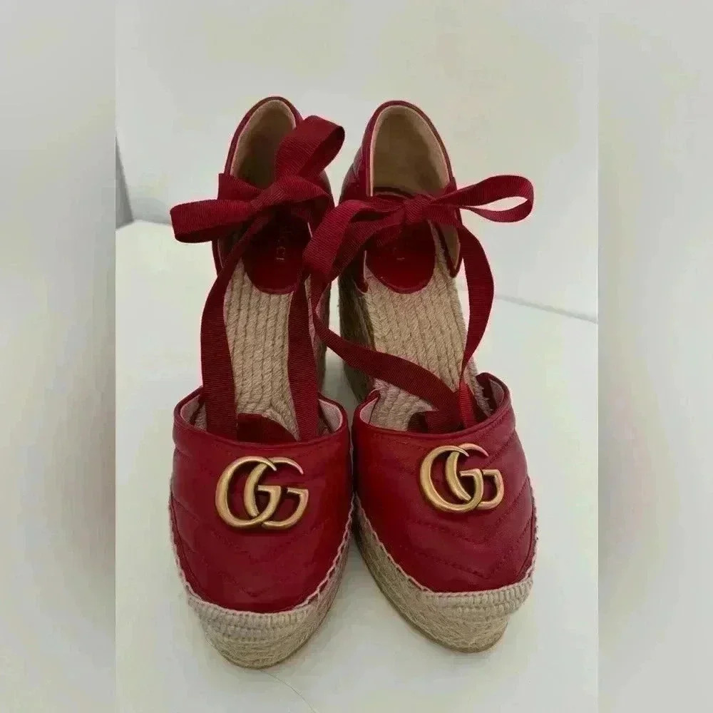 Gucci Red Leather Wedge Espadrilles with Gold Double G